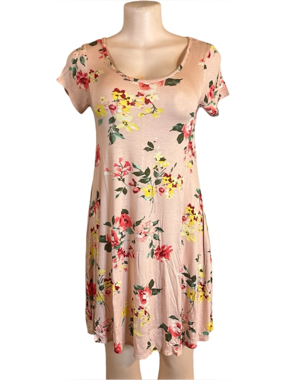 Vtg Y2K Floral knee length Dress Sz S Pink Short Sleeve Jersey Knit Stretch